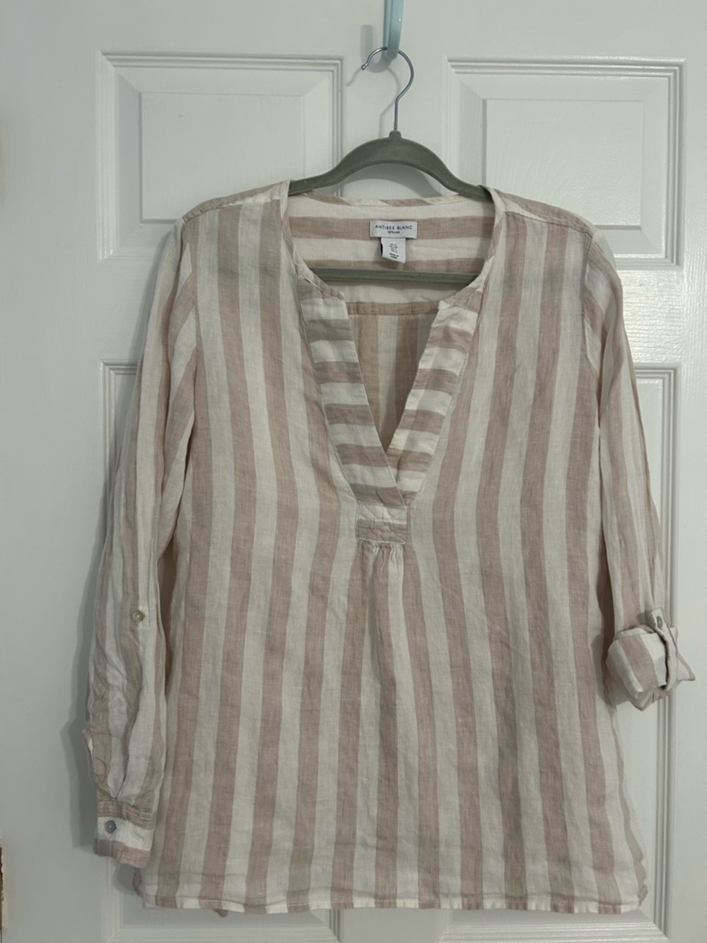 Antibes Blanc Casual Striped Linen Tunic Top - Natural/Cream Stripe